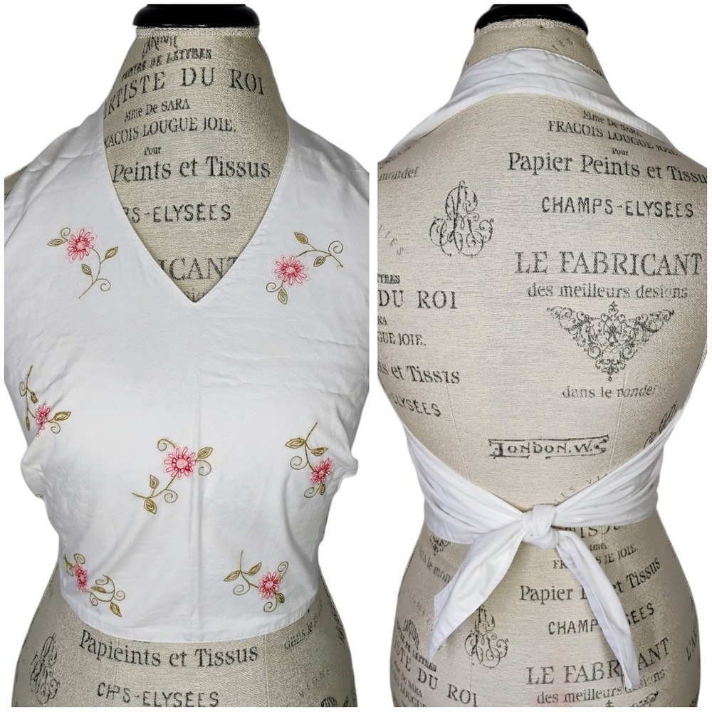 Vtg Ann Taylor Tie Back Halter Tank Top Women 8P White Floral Embroidery Y2K